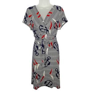 Talbots Nautical Stretch Jersey Dress Large Striped Anchors Short Sleeve Preppy
